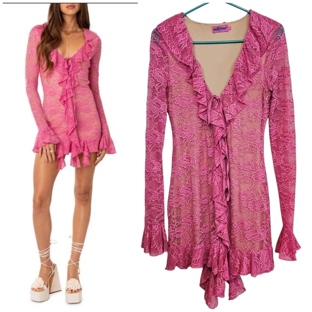 Y2K Edikted Fairy Barbie Ruffle Lace Waterfall Hem Bell Sleeve Dress Nude